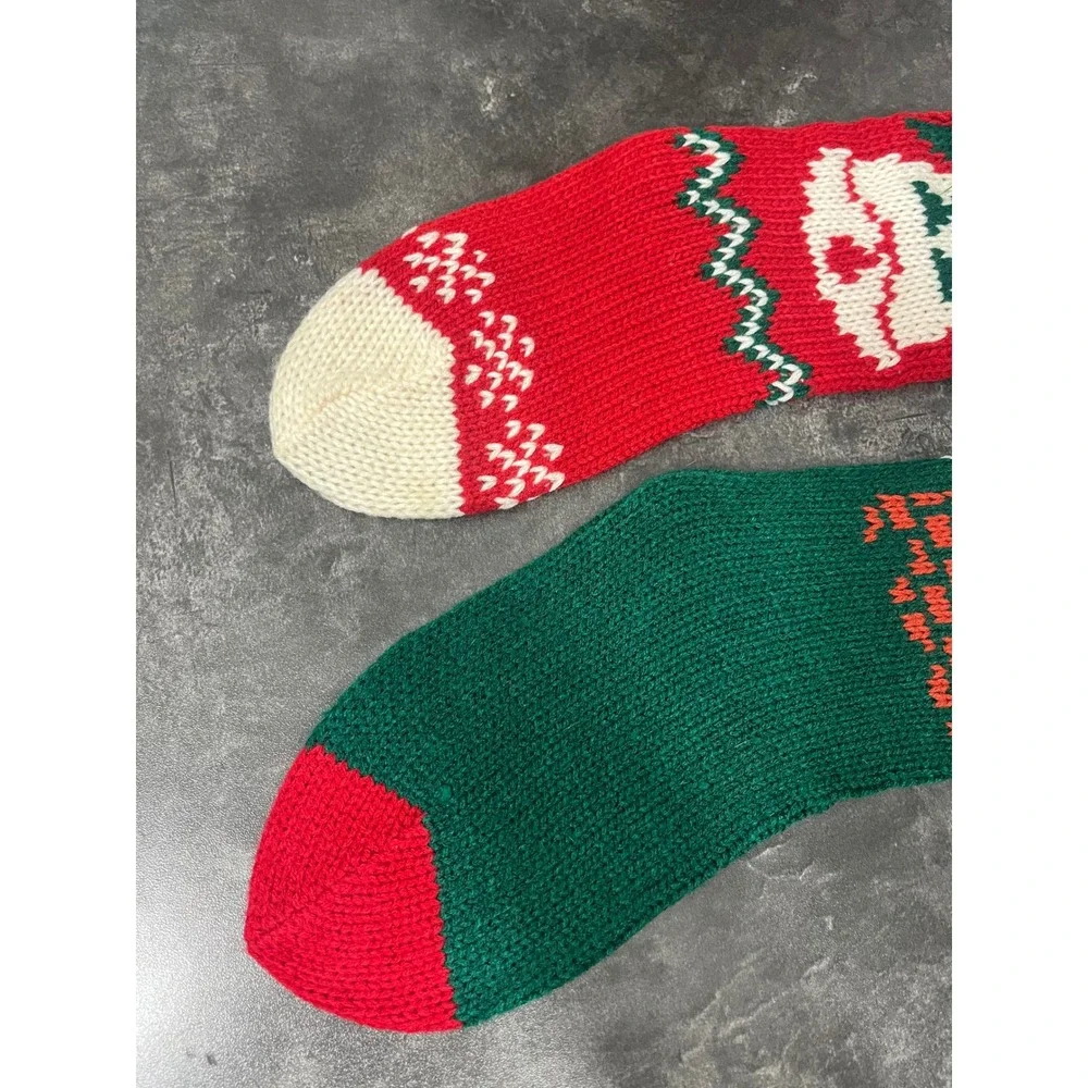 Vintage Inspired Christmas Knit Stockings Set 2pc Holiday Retro Santa Bell